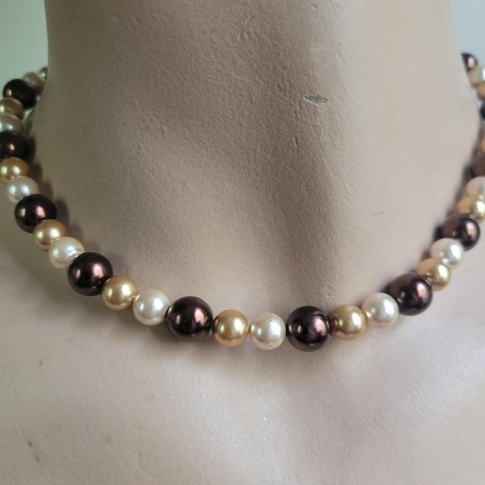 Faux Pearl Strand Necklace 16" Brown Gold Excellent